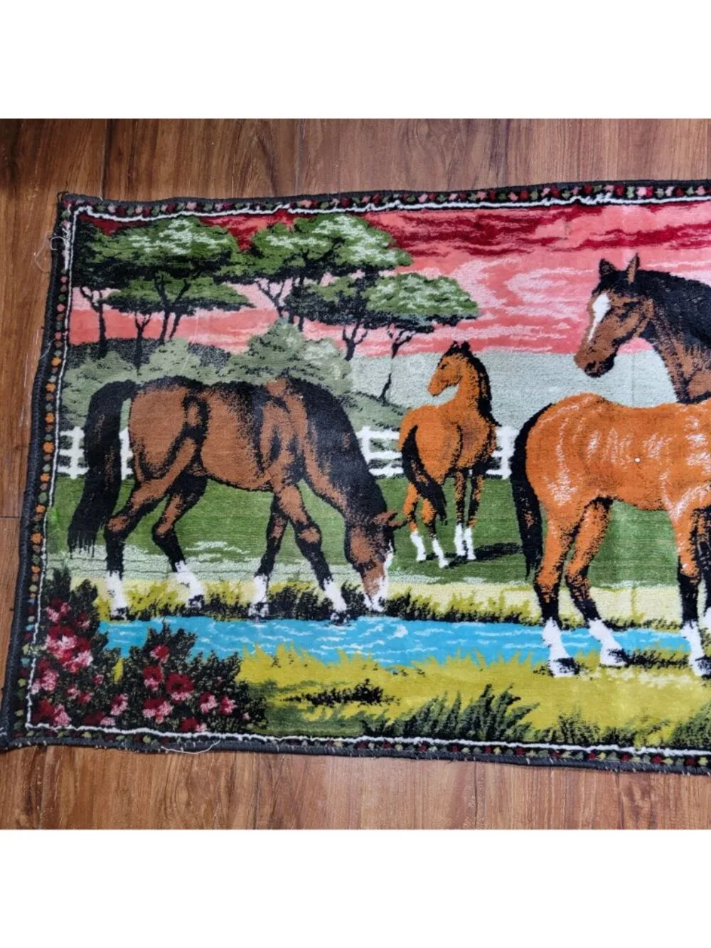 Vintage Horses Velvet Tapestry Wall Art With Grazing Scene